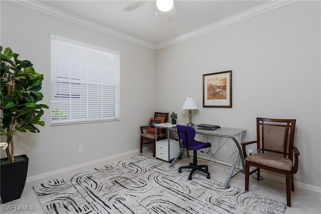6659 Castlelawn Pl Unit 21, Naples, FL 34113 - tiled office space with crown molding, a ceiling fan, baseboards, and healthy amount of natural light