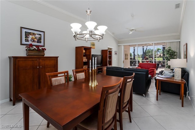 6659 Castlelawn Pl Unit 21, Naples, FL 34113 - dining space featuring light tile patterned floors, crown molding, a chandelier, vaulted ceiling, and ceiling fan