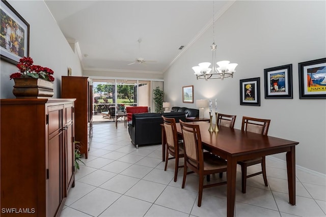 6659 Castlelawn Pl Unit 21, Naples, FL 34113 - dining room with lofted ceiling, light tile patterned floors, crown molding, a chandelier, and ceiling fan