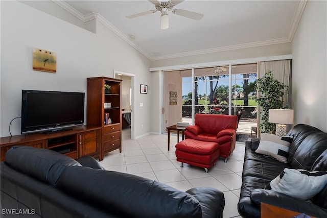6659 Castlelawn Pl Unit 21, Naples, FL 34113 - living area with lofted ceiling, ornamental molding, light tile patterned floors, a ceiling fan, and baseboards