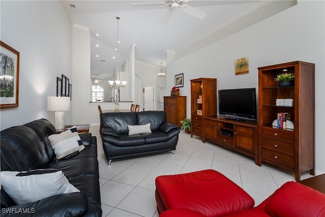 6659 Castlelawn Pl Unit 21, Naples, FL 34113 - living room featuring a chandelier, ornamental molding, light tile patterned floors, ceiling fan, and high vaulted ceiling