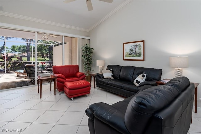 6659 Castlelawn Pl Unit 21, Naples, FL 34113 - living area featuring a ceiling fan, lofted ceiling, ornamental molding, and light tile patterned floors
