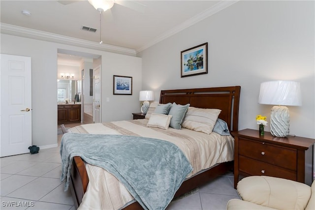 6659 Castlelawn Pl Unit 21, Naples, FL 34113 - bedroom with light tile patterned floors, ornamental molding, connected bathroom, and a ceiling fan
