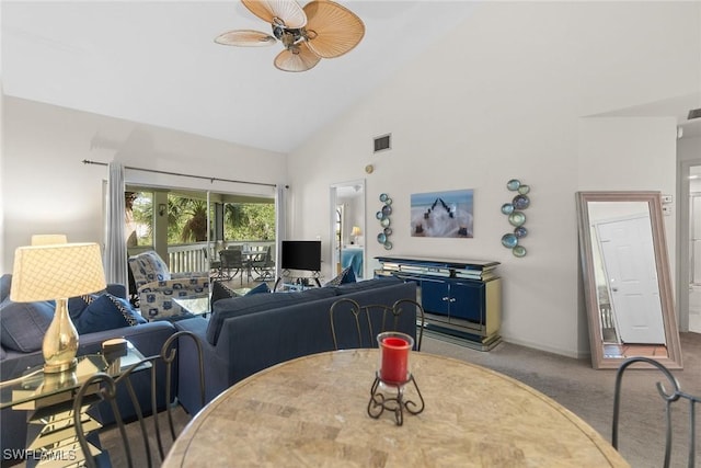 664 Wiggins Bay Dr, Naples, FL 34110 - carpeted living room featuring a ceiling fan, high vaulted ceiling, and baseboards