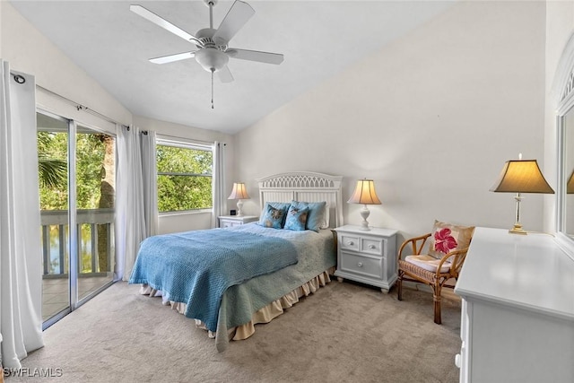 664 Wiggins Bay Dr, Naples, FL 34110 - bedroom with lofted ceiling, access to exterior, carpet flooring, and a ceiling fan