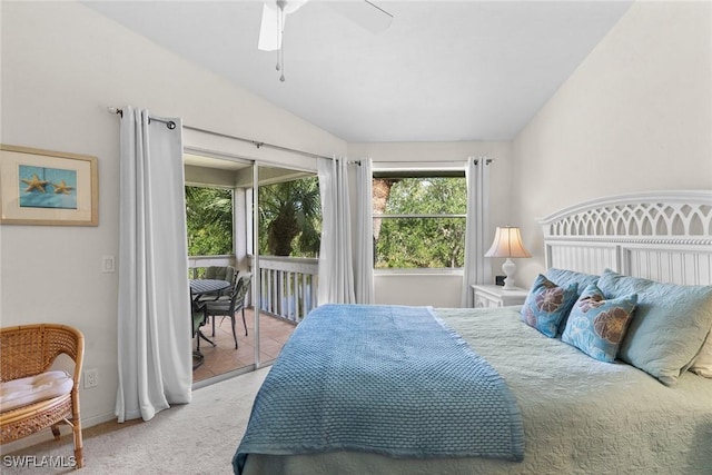 664 Wiggins Bay Dr, Naples, FL 34110 - bedroom featuring vaulted ceiling, access to outside, light carpet, and a ceiling fan