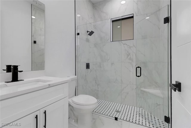 2712 58th St W, Lehigh Acres, FL 33971 - bathroom with marble look tiles, a marble finish shower, toilet, and vanity