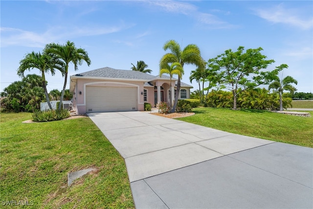 view of front of property with a garage, concrete driveway, a front lawn, and stucco siding