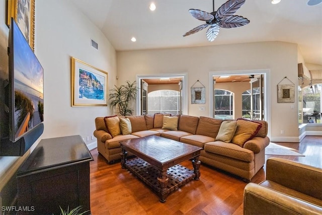600 Port Side Dr, Naples, FL 34103 - living area featuring ceiling fan, wood finished floors, recessed lighting, baseboards, and lofted ceiling