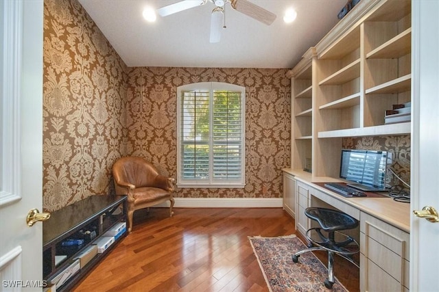 600 Port Side Dr, Naples, FL 34103 - office with built in desk, wood finished floors, baseboards, wallpapered walls, and ceiling fan