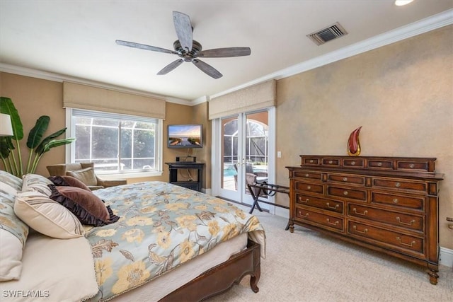600 Port Side Dr, Naples, FL 34103 - carpeted bedroom featuring access to outside, crown molding, multiple windows, ceiling fan, and french doors