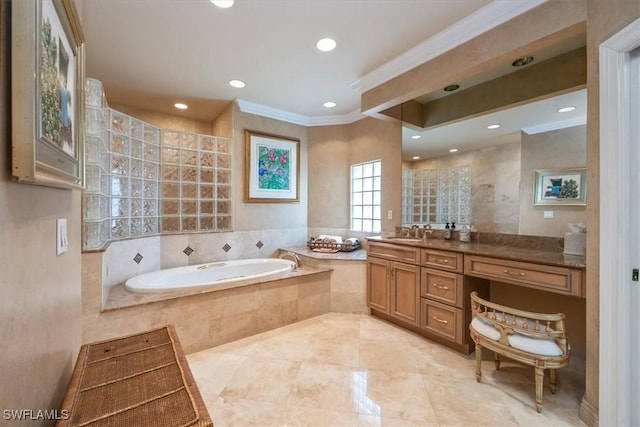600 Port Side Dr, Naples, FL 34103 - full bathroom with crown molding, a bath, vanity, recessed lighting, and tile patterned floors