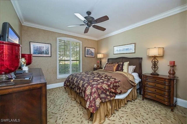 600 Port Side Dr, Naples, FL 34103 - bedroom featuring baseboards, light carpet, ornamental molding, and a ceiling fan