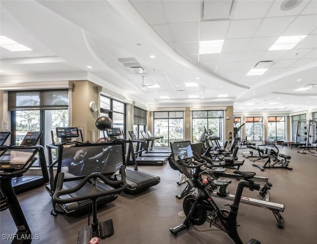 9469 Casoria Ct Unit 101, Naples, FL 34113 - workout area with a drop ceiling, a raised ceiling, and recessed lighting