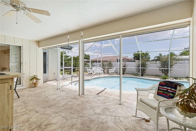 1466 Cumberland Ct, Fort Myers, FL 33919 - view of pool featuring a patio area, fence, a lanai, and a ceiling fan