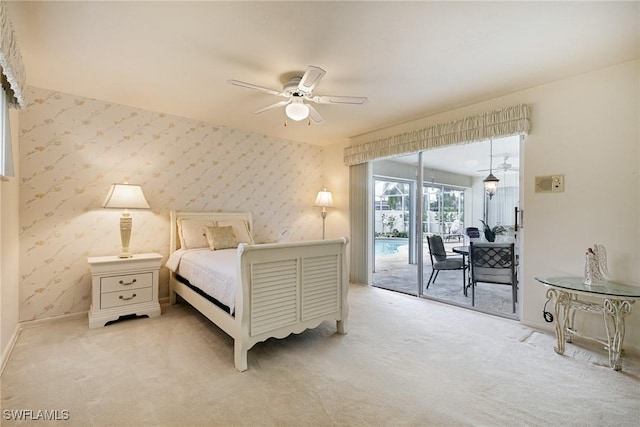 1466 Cumberland Ct, Fort Myers, FL 33919 - bedroom featuring wallpapered walls, access to outside, light carpet, baseboards, and a ceiling fan