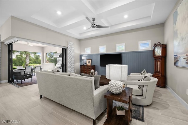 9284 Cormorant Dr, Naples, FL 34120 - living area with a ceiling fan, healthy amount of natural light, coffered ceiling, baseboards, and beamed ceiling