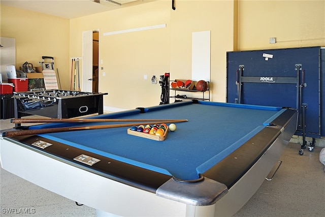 rec room with speckled floor and billiards table