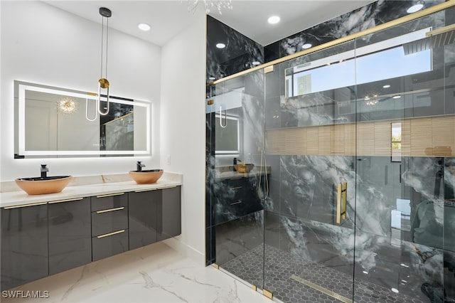 35 Chiquita Blvd N, Cape Coral, FL 33993 - full bathroom with marble tiled floors, double vanity, a marble finish shower, and recessed lighting