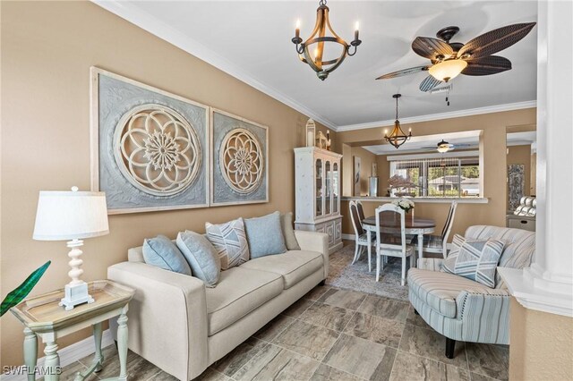 16232 Quesa Dr, Punta Gorda, FL 33955 - living room featuring a chandelier, crown molding, and a ceiling fan