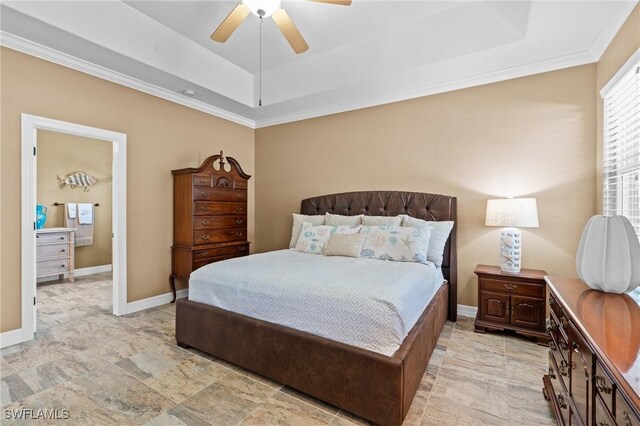 16232 Quesa Dr, Punta Gorda, FL 33955 - bedroom with a raised ceiling, ornamental molding, baseboards, and ceiling fan