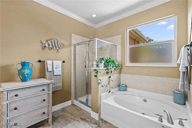 16232 Quesa Dr, Punta Gorda, FL 33955 - full bathroom with a shower stall, a bath, ornamental molding, and baseboards