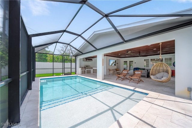 1300 Hilltop Dr, Naples, FL 34103 - view of pool featuring a patio area, french doors, ceiling fan, glass enclosure, and fence
