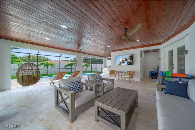 1300 Hilltop Dr, Naples, FL 34103 - living area with a ceiling fan and wooden ceiling