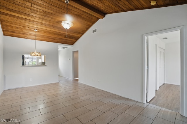 spare room featuring wood ceiling with exposed beams, wood finished floors, high vaulted ceiling, and a smoke detector