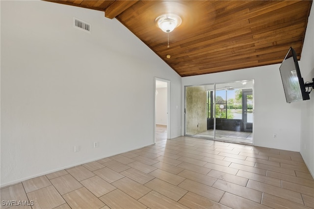 spare room with high vaulted ceiling and wooden ceiling with exposed beams