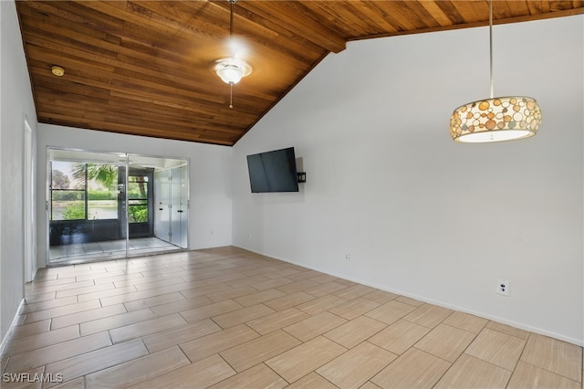 unfurnished room featuring wood ceiling with exposed beams, high vaulted ceiling, and baseboards