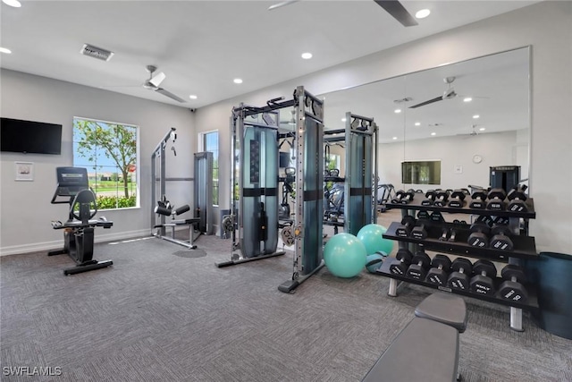 1256 Enbrook Loop, Naples, FL 34114 - workout area featuring ceiling fan, carpet flooring, baseboards, and recessed lighting