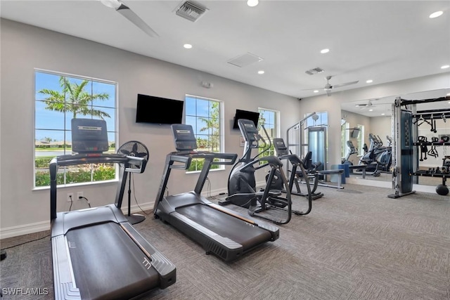 1256 Enbrook Loop, Naples, FL 34114 - exercise room with ceiling fan, recessed lighting, baseboards, and carpet floors