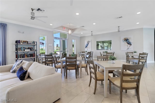 1256 Enbrook Loop, Naples, FL 34114 - dining space with light tile patterned floors, crown molding, recessed lighting, a ceiling fan, and baseboards