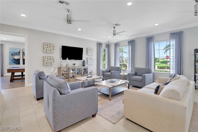 1256 Enbrook Loop, Naples, FL 34114 - living area with a ceiling fan, light tile patterned floors, recessed lighting, crown molding, and baseboards