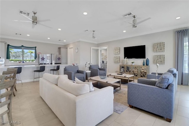 1256 Enbrook Loop, Naples, FL 34114 - living area featuring ceiling fan, recessed lighting, ornamental molding, and light tile patterned floors