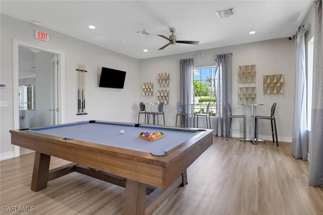 1256 Enbrook Loop, Naples, FL 34114 - rec room with light wood-style flooring, billiards, baseboards, a ceiling fan, and recessed lighting
