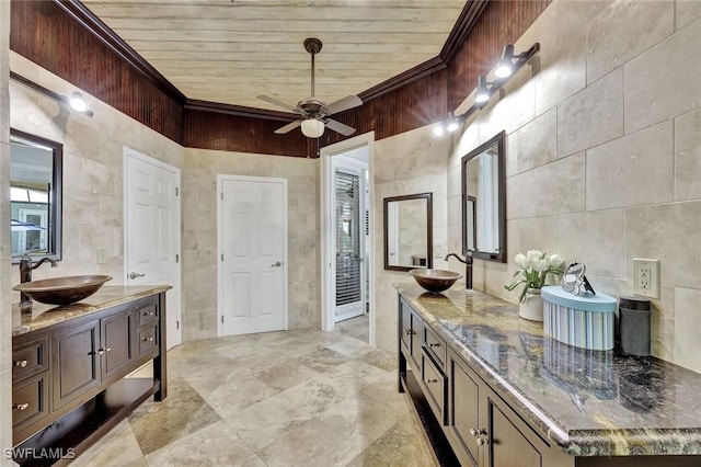 1817 Piccadilly Cir, Cape Coral, FL 33991 - bathroom with tile walls, wooden ceiling, vanity, ceiling fan, and ornamental molding