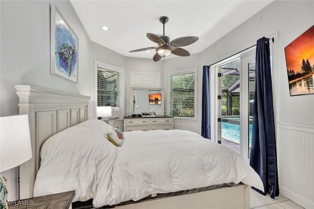 1817 Piccadilly Cir, Cape Coral, FL 33991 - bedroom featuring access to exterior, a ceiling fan, light tile patterned floors, and recessed lighting