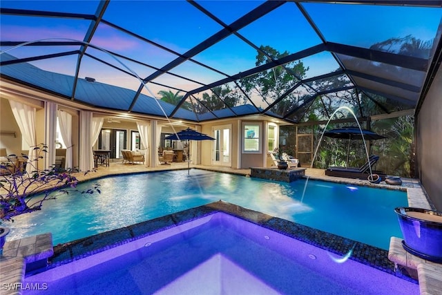 1817 Piccadilly Cir, Cape Coral, FL 33991 - view of pool with a pool with connected hot tub, a patio area, french doors, and glass enclosure