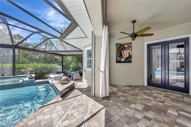 1817 Piccadilly Cir, Cape Coral, FL 33991 - view of swimming pool with a patio area, an outdoor living space, french doors, a pool with connected hot tub, and a lanai