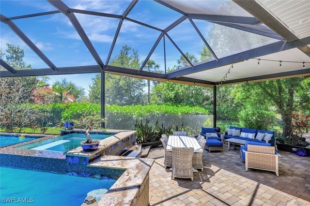 1817 Piccadilly Cir, Cape Coral, FL 33991 - view of patio / terrace with an outdoor living space, an outdoor pool, a lanai, and an in-ground hot tub