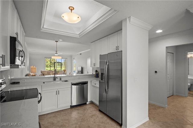 10260 Heritage Bay Blvd Unit 3515, Naples, FL 34120 - kitchen featuring stainless steel appliances, a sink, white cabinetry, light tile patterned floors, and recessed lighting