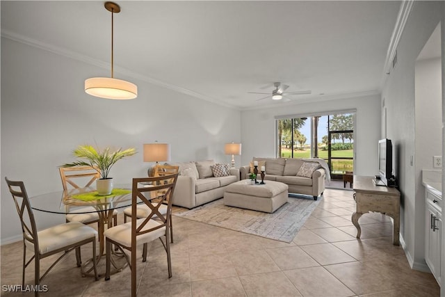 10260 Heritage Bay Blvd Unit 3515, Naples, FL 34120 - living area featuring ornamental molding, ceiling fan, light tile patterned floors, and baseboards