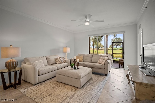10260 Heritage Bay Blvd Unit 3515, Naples, FL 34120 - living area featuring light tile patterned floors, ceiling fan, and ornamental molding