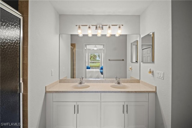 10260 Heritage Bay Blvd Unit 3515, Naples, FL 34120 - bathroom featuring a ceiling fan, an enclosed shower, double vanity, and ensuite bathroom