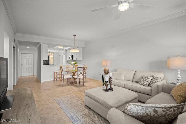 10260 Heritage Bay Blvd Unit 3515, Naples, FL 34120 - living room featuring crown molding, ceiling fan, and baseboards