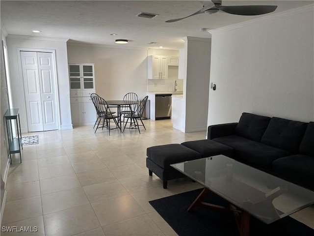 1185 Cherrystone Ct Unit A, Naples, FL 34102 - living room with ornamental molding, ceiling fan, light tile patterned flooring, and recessed lighting