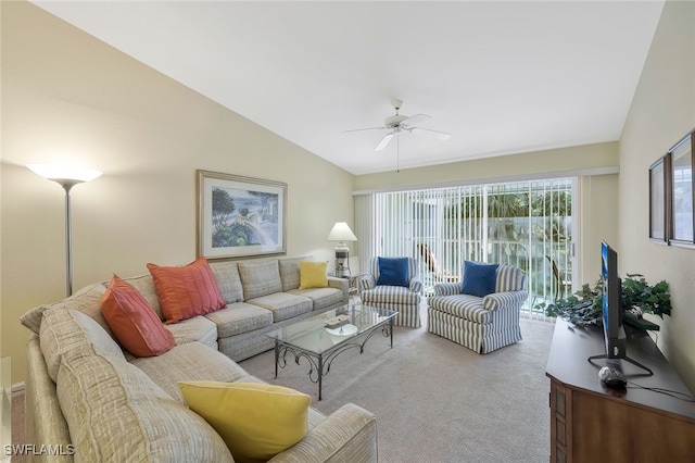 2305 Hidden Lake Dr Unit 3704, Naples, FL 34112 - living room with a ceiling fan, carpet floors, and vaulted ceiling