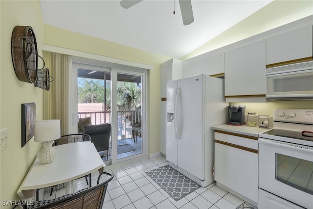 2305 Hidden Lake Dr Unit 3704, Naples, FL 34112 - kitchen featuring white appliances, light countertops, a ceiling fan, vaulted ceiling, and light tile patterned floors